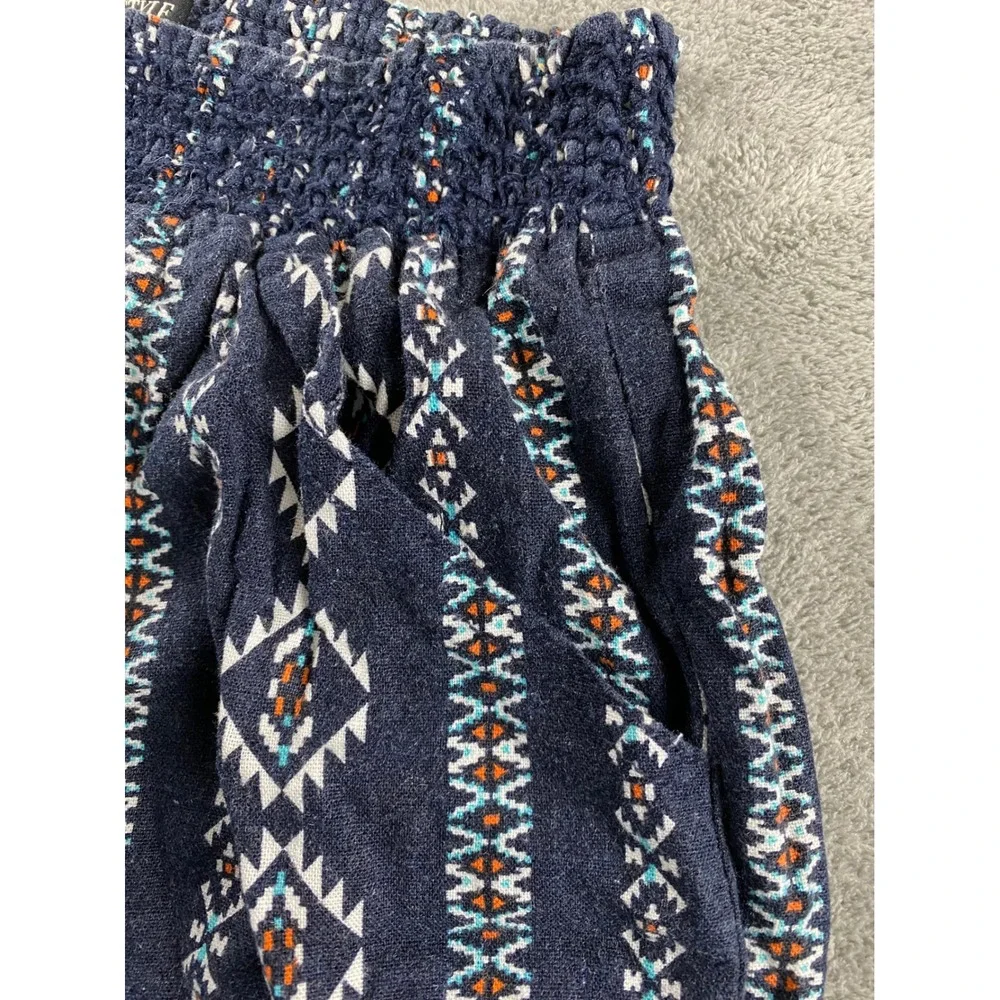 Sound Style Beau Dawson Women Large Navy Linen Blend Southwestern Smocked Shorts